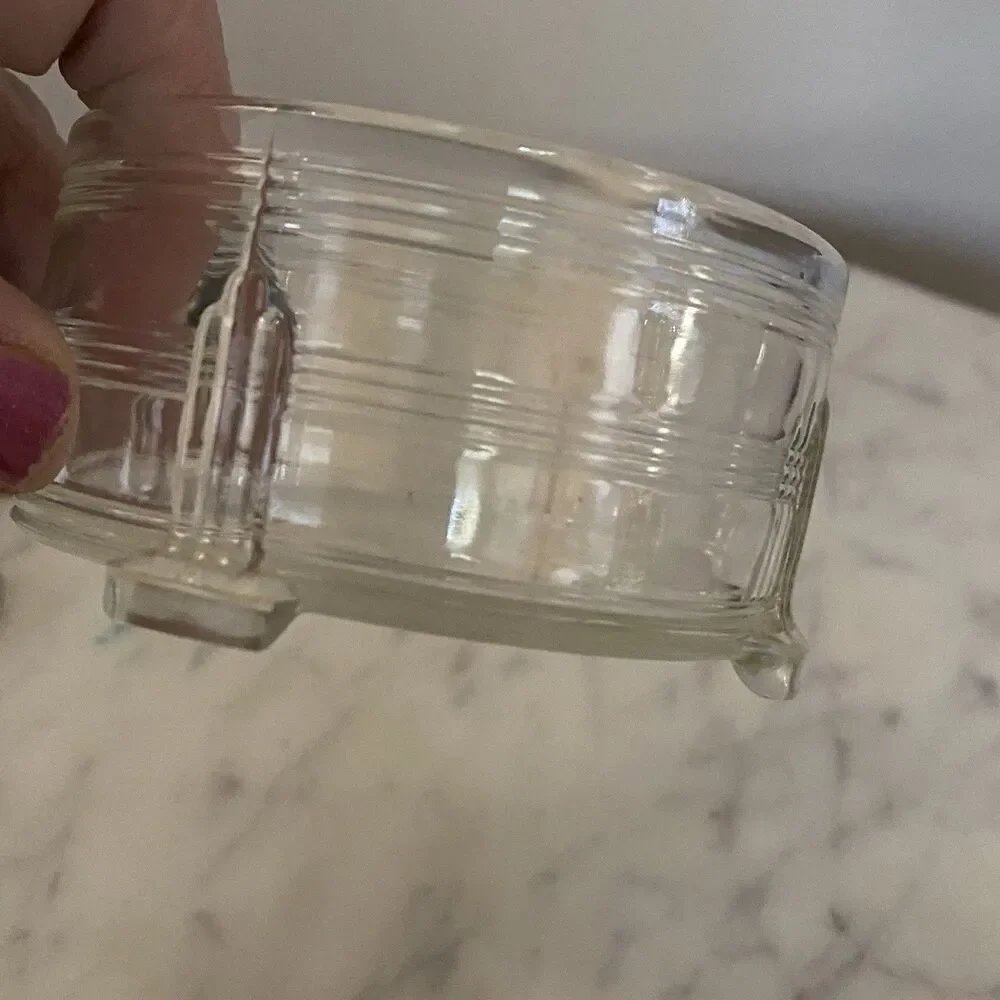 Vintage Art Deco Glass Bottomed Dresser Jar Box Trinket Pink Rose Black Lid